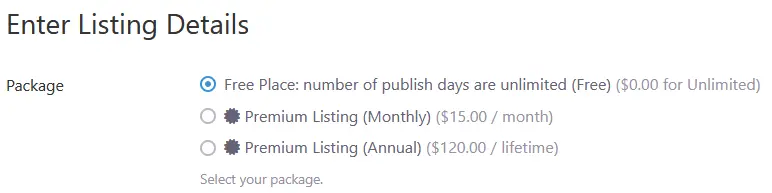 Package Options for Premium Listings